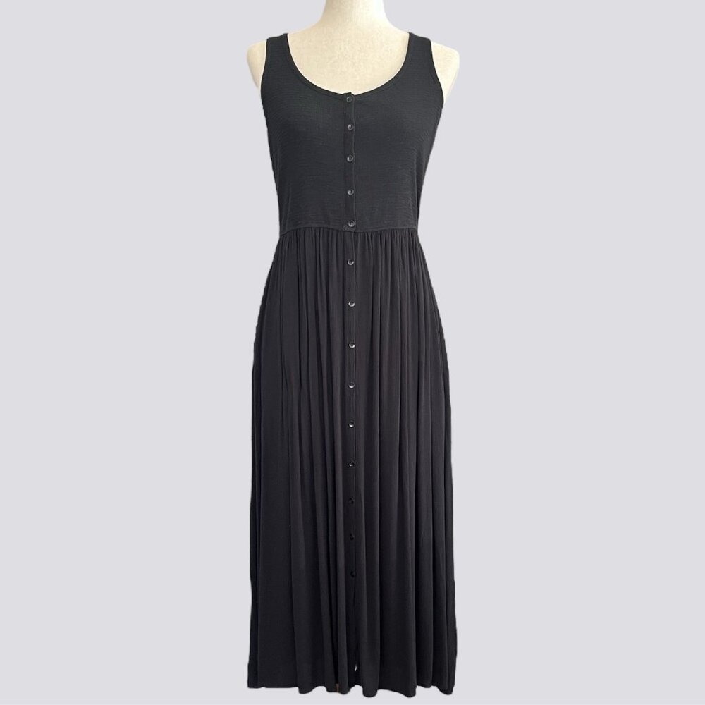Frye Black Sleeveless Midi Dress Size XS Button Front Pockets Minimalist Capsule